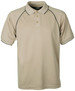 A beige polo shirt featuring a collar, three buttons, and black piping details along the sleeves and collar.