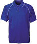 A blue polo shirt with a collar, three buttons, and decorative white stitching. It features a logo on the label.