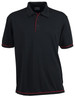A black polo shirt with red piping, featuring a collar and three-button placket, has a logo on the chest.