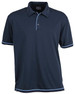 A navy blue polo shirt featuring a collar, a partial button placket, and contrasting trim. It includes a logo.