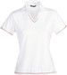 A white ladies' polo shirt featuring a V-neck and red trim, with a logo present.