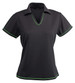 A black polo shirt for ladies with green trim and a v-neck design. It has a collar and short sleeves.