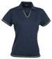 A navy women's polo shirt featuring a V-neck and contrasting lime green trim, with a logo on the chest.