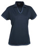 A navy blue ladies’ polo shirt featuring a V-neck and contrasting trim, with a logo.