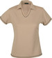 A ladies' polo shirt in tan with contrasting dark trim and a V-neck design. It features a logo on the chest.