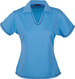 A light blue ladies' polo shirt with a v-neck and contrasting trim. It features a logo on the chest.