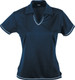 A navy polo shirt with a V-neck and contrasting trim, featuring a logo. Short sleeves and a fitted design.