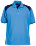 A blue men's polo shirt with navy accents and a collar, featuring a logo on the chest.