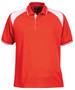 A red polo shirt with white accents and a collar, featuring a logo on the chest area.