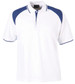 A white polo shirt with navy blue raglan sleeves and trim, featuring a collar and a logo.