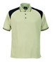 A light green polo shirt featuring black accents and a collar, with a buttoned placket and branding.