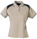 A beige women's polo shirt with black accents and a collar, featuring a logo on the chest area.