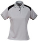 A grey women's polo shirt with black shoulder panels and a collar, featuring a logo on the chest area.