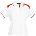 A white ladies' polo shirt with red accents and a logo on the chest.
