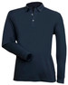 A long-sleeve men's polo shirt in navy blue featuring a collar and three-button placket, with a logo on the chest.