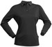 A long-sleeve black polo shirt for ladies, featuring a classic collar and a buttoned placket. It has a logo on the side.