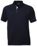 A navy blue men's polo shirt featuring a contrasting white collar and a logo on the chest.