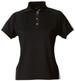 A black ladies' polo shirt with a collar and buttons, featuring a logo.