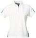 A ladies' polo shirt in white featuring blue accents and a logo.