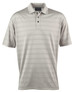 A light grey polo shirt with a subtle striped pattern and a three-button placket. It features a logo on the chest.