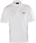 A white polo shirt featuring a logo on the chest, designed for men.