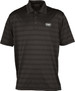 A black striped polo shirt with a logo on the chest, featuring a classic collar and short sleeves.
