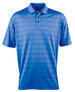 A blue striped polo shirt with a collar and three buttons, featuring a logo on the chest.
