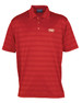 A red striped polo shirt with a collar and a logo on the chest.