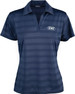 A navy blue ladies' polo shirt with a striped pattern and a logo on the front.