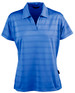 A ladies' polo shirt in light blue with a striped pattern and a collar, featuring a logo on the side.