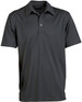 A dark grey polo shirt with a collar and a single button placket, featuring a logo on the chest.