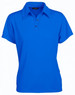 A blue ladies' polo shirt with a collared neckline and three buttons, featuring a logo on the side.