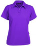 A purple ladies' polo shirt with a collar and a button placket. It features a logo on the chest.