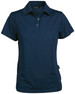 A navy blue ladies' polo shirt with a collar and three-button placket, featuring a logo on the side.
