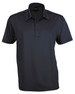 A dark navy polo shirt with a subtle striped pattern and a collar, featuring a logo on the chest.