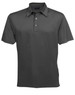 A dark grey polo shirt featuring a collar, three buttons, and a logo on the side.