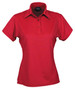 A red ladies' polo shirt with a collar and a button placket, featuring a logo on the chest.