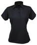 A black ladies' polo shirt with a collared neckline and button details, featuring a subtle striped pattern and logo.