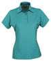 A ladies' polo shirt in a vibrant teal colour with a collared neckline and three buttons. Features a logo.