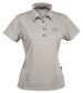 A grey ladies' polo shirt with a collared neckline and a logo on the chest.