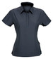 A dark grey ladies' polo shirt with a collar, short sleeves, and a logo. Features a button placket at the front.