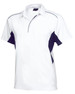 A white and navy blue polo shirt featuring a collar and side panel detailing. Includes a logo on the chest.