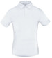 A white polo shirt featuring a collar and short sleeves, with a logo on the chest.