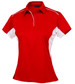 A red and white ladies' polo shirt with a collared neck and short sleeves, featuring a logo.