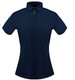 A navy blue ladies' polo shirt featuring a collar and three buttons, with a fitted design and a logo.