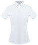 A white ladies' polo shirt with a collar and short sleeves, featuring a small logo on the chest.