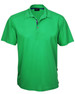 A green polo shirt featuring a collar and a branding logo. Short sleeves and a button placket are visible.