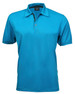 A turquoise polo shirt featuring a collar and a single button placket. It has a logo on the chest.