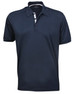 A dark navy polo shirt with a classic collar and buttoned placket. It features a logo on the chest.