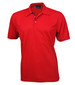 A red polo shirt with a classic collar and three-button placket, featuring a branding logo.
